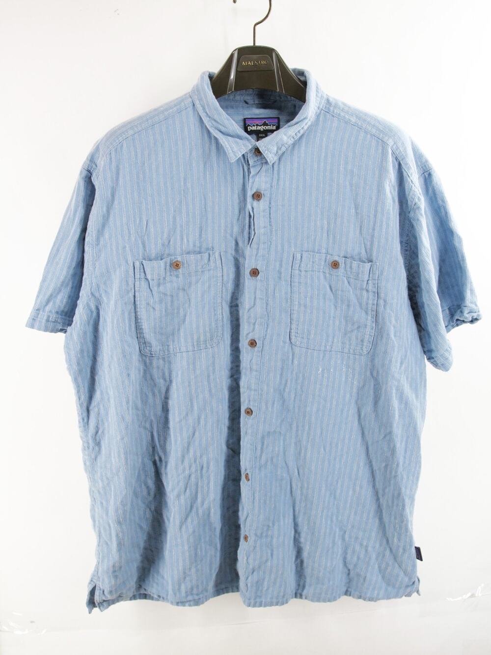 Patagonia Back Step Shirt Mens 3XL Blue White Striped Hemp Blend Button Up